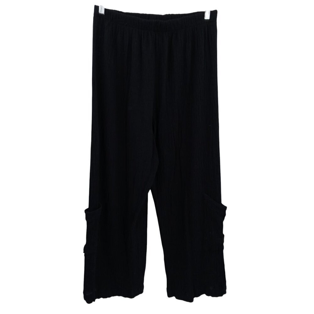 Bryn Walker Black Cotton Gauze Wide Leg Pants Size XL Lagenlook Pockets Pull On